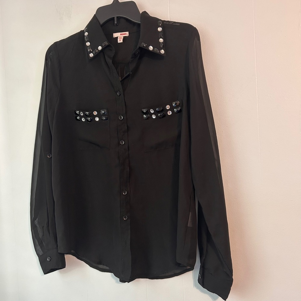 Bongo Womens Black Sheer Chiffon Rhinestone Embellished Button Down Blouse Med
